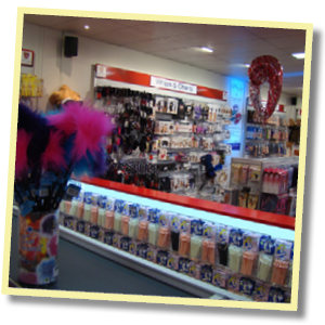 Lovers Adult Stores interior photo showing fluffy ticklers and a wall of adult toys