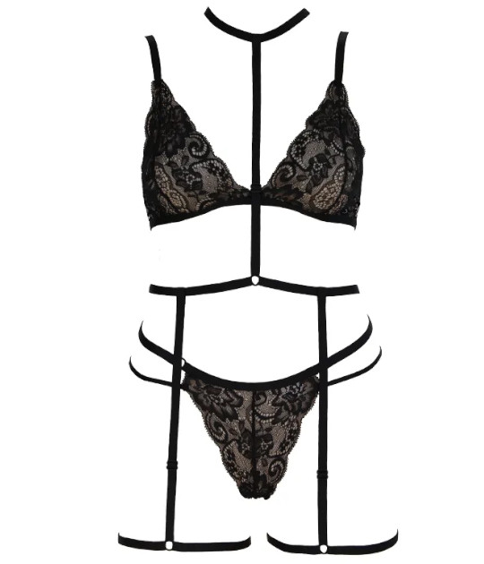 PL001BLKM 3 Piece Lace Set Medium