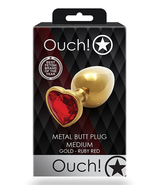 Ouch - Red Heart Gem Metal Gold Plug Med